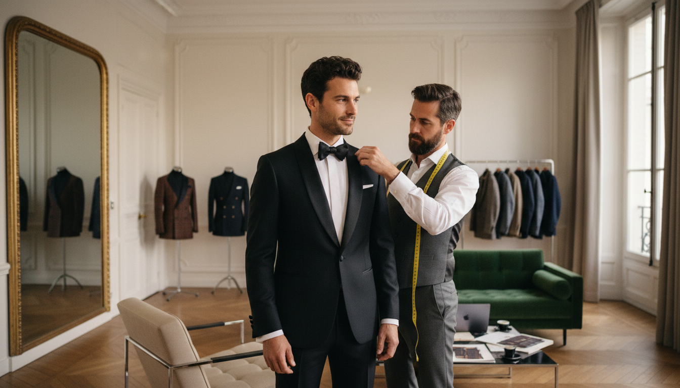 Tailleur ajustant le revers d'un smoking sur mesure black tie dans un salon haussmannien contemporain parisien — Costume Privé Paris