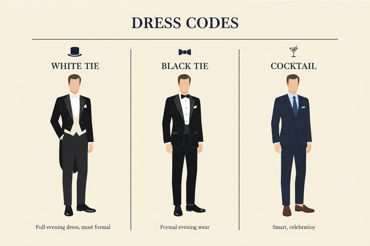 Comparatif dress codes Black Tie White Tie Cocktail — guide complet homme — Costume Privé Paris