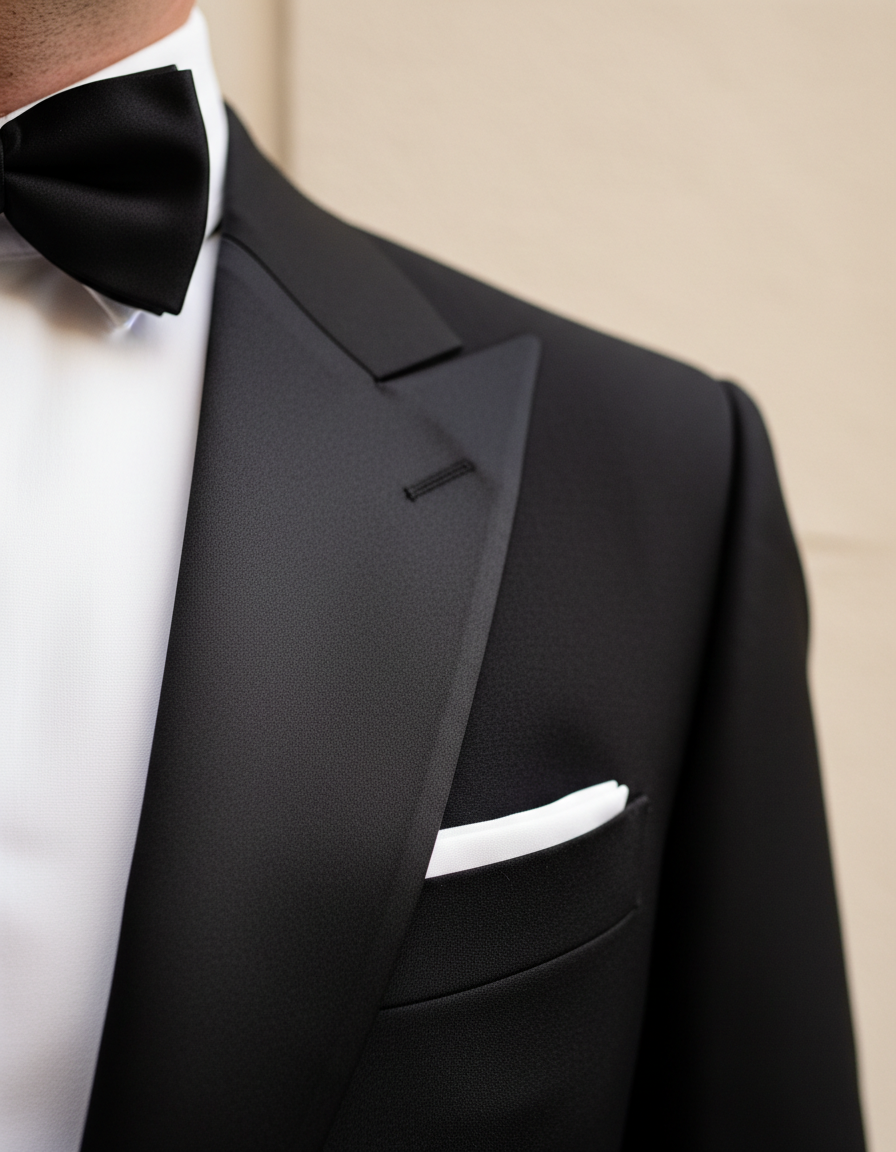 Macro revers satiné d'un smoking sur mesure black tie — contraste mat et satin — Costume Privé Paris