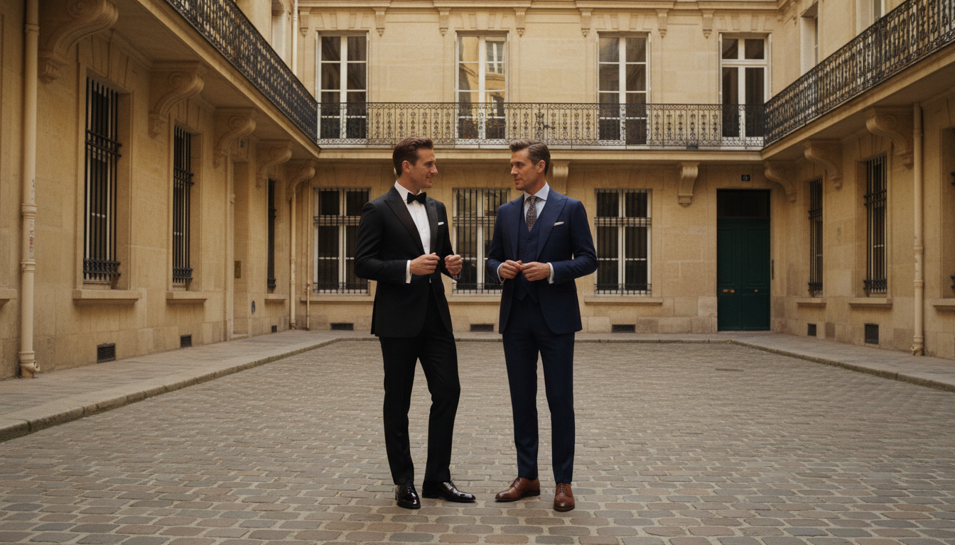 Deux hommes en costume cérémonie dans une cour haussmannienne parisienne — dress code mariage — Costume Privé Paris