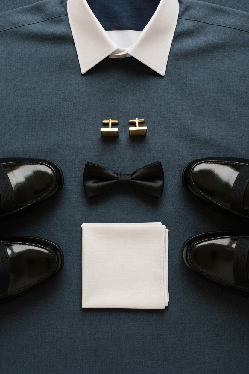 Flat lay accessoires Black Tie — nœud papillon, pochette, boutons de manchette, mocassins vernis — Costume Privé Paris